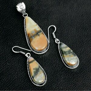 Teardrop Natural Rhyolite Jasper Gemstone Silver Pendant+Earring Set